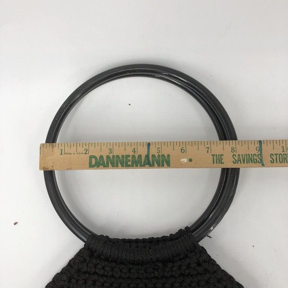 VTG 70s Black Macrame Purse Bag Round Handles Wood Beads Boho Handmade Retro - Picture 8 of 11